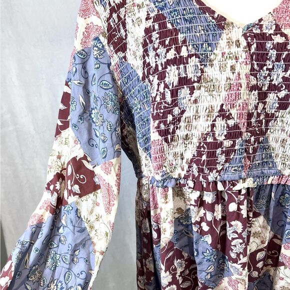 Maurice’s plus long sleeve boho patchwork smocked peplum top size 1X - Picture 4 of 8